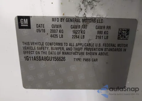 2016 Chevrolet Malibu Limited 1Fl z USA, uszkodzony, nr VIN 1G11A5SA8GU156626